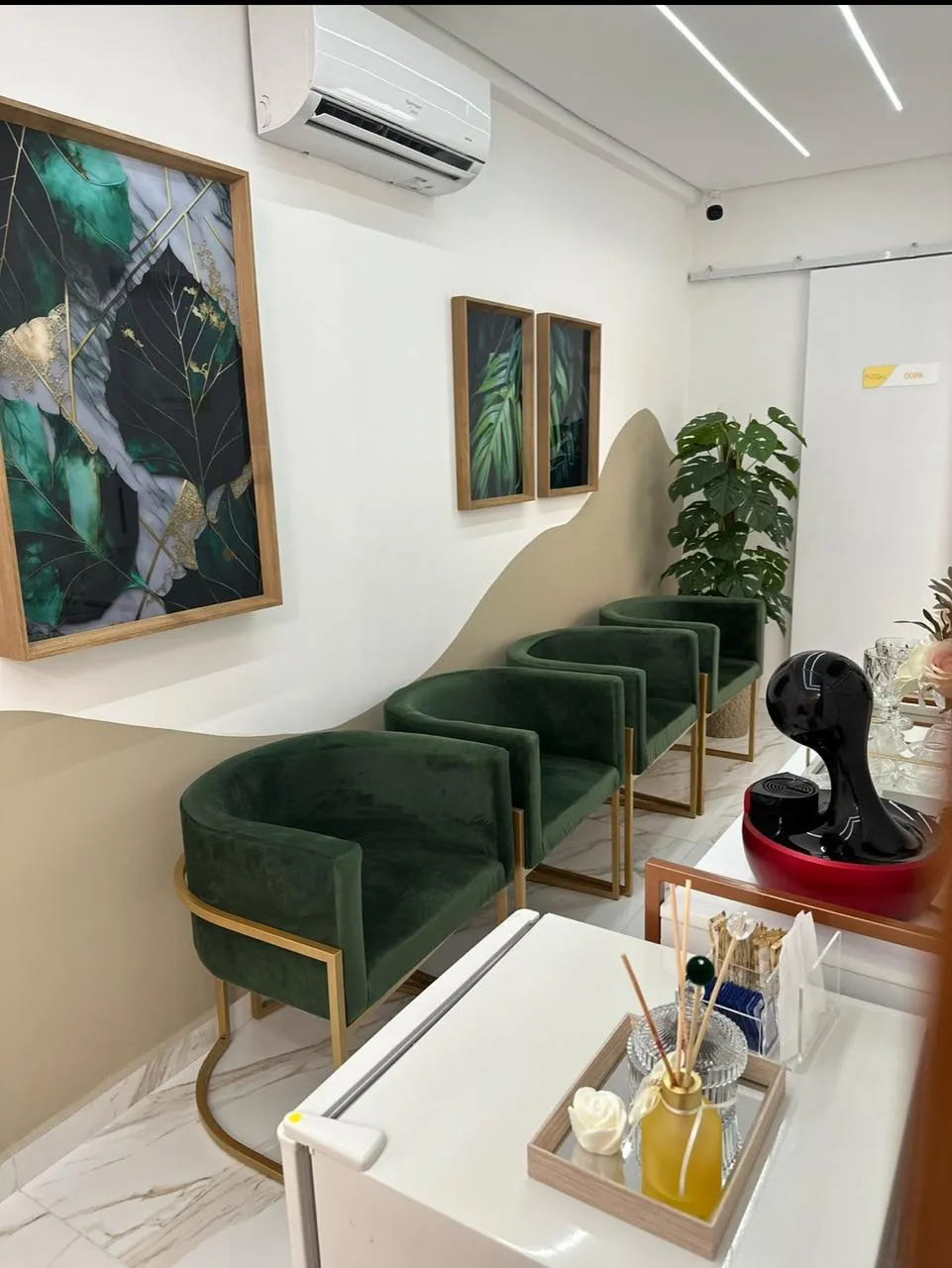 Sala de espera acolhedora da Clínica Lumina, com poltronas verdes e plantas